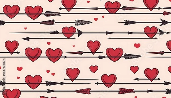 Fototapeta Red hearts pierced by arrows on a light background creating a love themed repeating pattern design