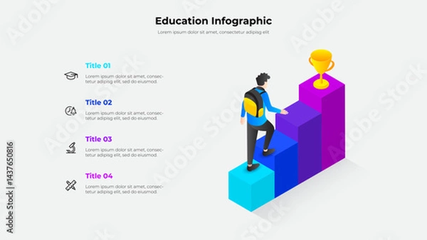 Fototapeta Illustrative infographic showcasing a student's progression towards success, presented as ascending steps ending at a trophy. Ideal for concepts relating to education, achievement, and goal processes