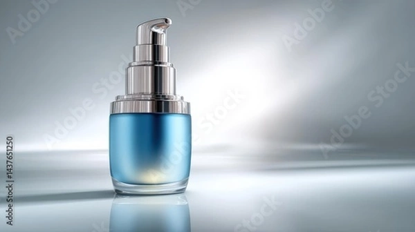 Fototapeta Elegant blue skincare bottle with pump on reflective surface, soft light enhancing its features