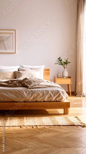 Fototapeta Japandi Style Minimalist Bedroom Interior Design Photo