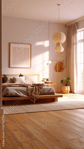 Fototapeta Japandi Style Minimalist Bedroom Interior Design Photo