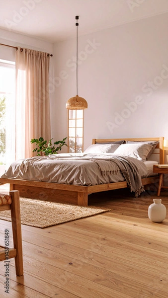 Fototapeta Japandi Style Minimalist Bedroom Interior Design Photo