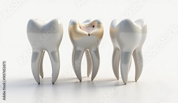 Obraz Dental care concept. Unhealthy teeth between healthy teeth on white background