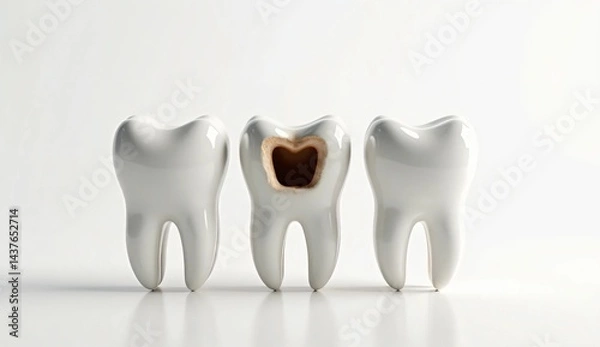 Obraz Dental care concept. Unhealthy teeth between healthy teeth on white background
