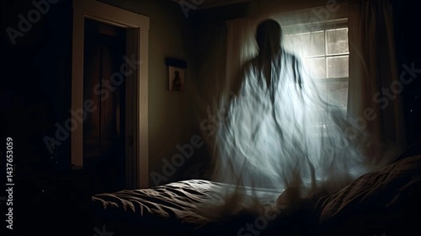 Fototapeta A ghostly figure is seen in a bedroom with a window