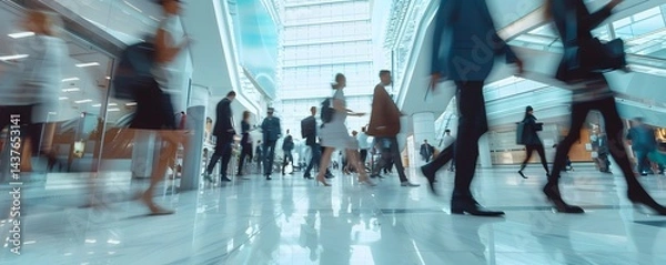 Fototapeta A busy shopping mall with people walking around and carrying bags