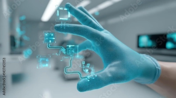 Obraz Gloved hand manipulating virtual circuits in a high-tech laboratory setting, showcasing innovation