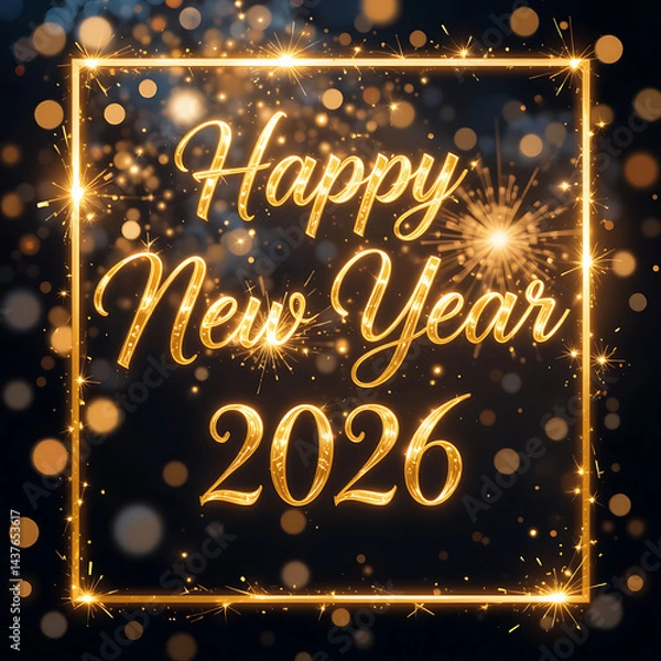 Fototapeta Happy New Year Celebration Text with Festive Gold Fireworks Collage Bottle of champagne with gold glitter 