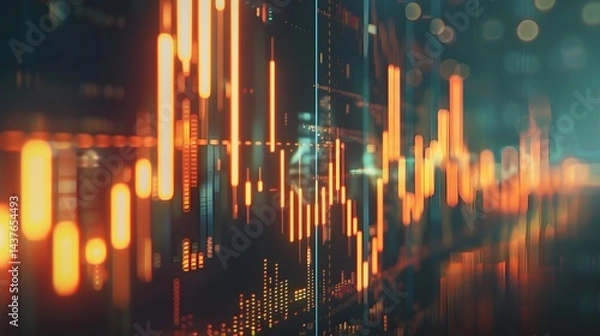 Fototapeta A blurry image of a city skyline with orange lines and a dark background