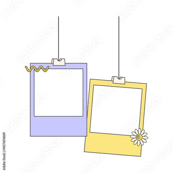 Obraz Retro cute polaroid photo frames background. Doodle frame polaroid border element vector illustration