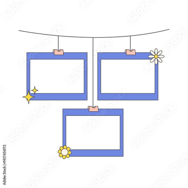 Fototapeta Retro cute blue polaroid photo frames background. Doodle frame polaroid border element vector illustration