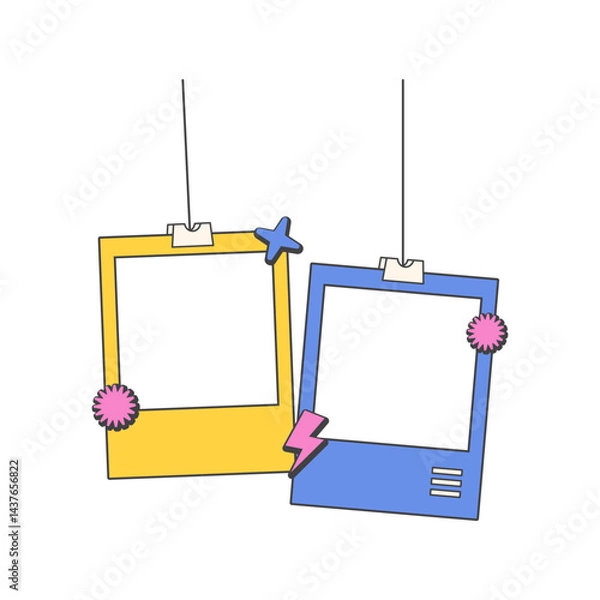 Fototapeta Retro cute polaroid photo frames background. Doodle frame polaroid border element vector illustration