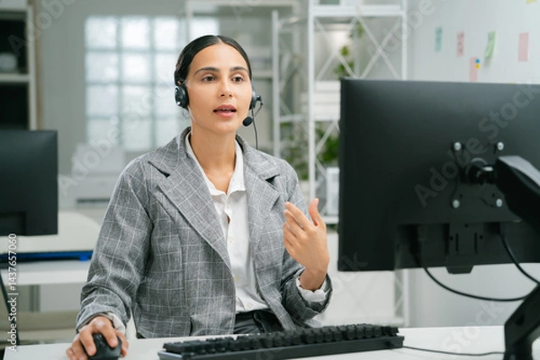 Fototapeta Smiling hispanic latin woman working customer support operator with headset. Female Call center agent, consulting and telemarketing concept, Customer service representative. online consultant.
