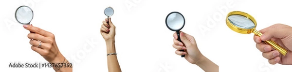 Obraz Different magnifying glasses are being held by hands, showcasing the diversity in styles and designs for examination purposes, perfect for schools or hobbies