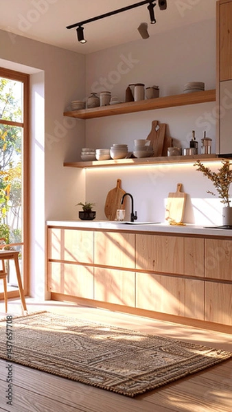 Fototapeta Japandi Style Minimalist Kitchen Interior Design Photo