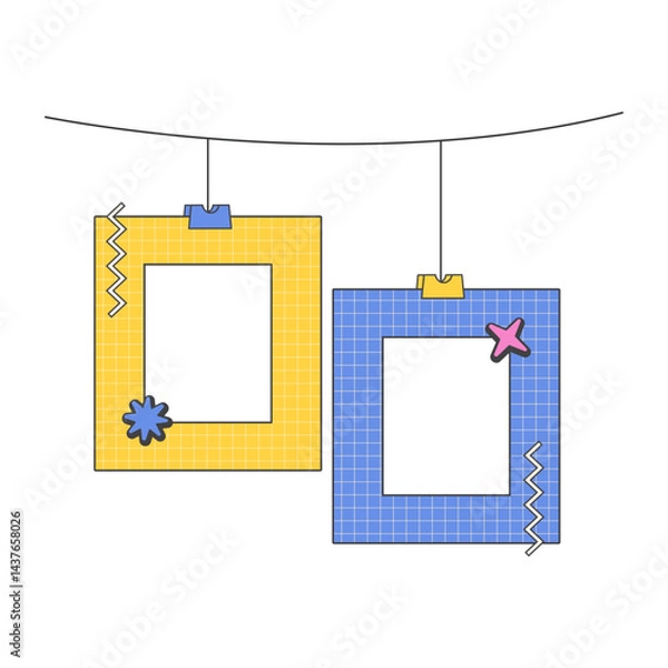 Fototapeta Retro cute yellow polaroid photo frames background. Doodle frame polaroid border element vector illustration