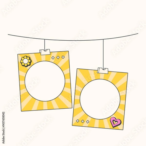 Fototapeta Retro cute yellow polaroid photo frames background. Doodle frame polaroid border element vector illustration