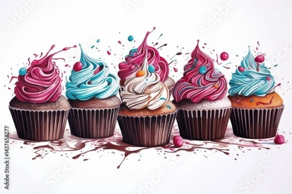 Fototapeta An illustration representing multiple cupcakes, all illustrated in colourful and vibrant colours on a white background 