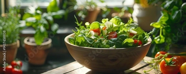 Fototapeta A bowl of salad is on a wooden table with a window behind it
