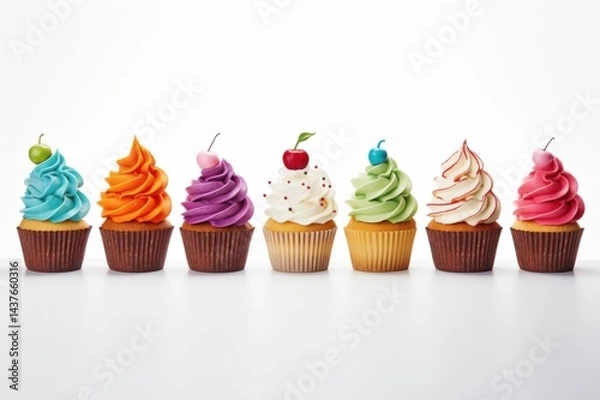 Fototapeta An illustration representing multiple cupcakes, all illustrated in colourful and vibrant colours on a white background 