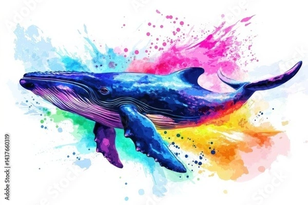 Fototapeta Illustration of a lone whale in vibrant, hypnotic, bright colours, diving in water, isolated on a white background