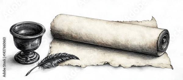 Fototapeta Antique scroll and goblet with quill.