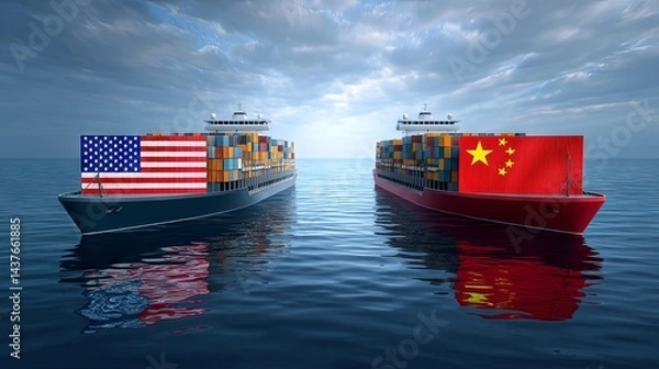 Obraz Container Ships Facing USA and China Flags Symbolizing Trade War