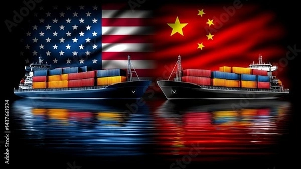 Obraz Container Ships Facing USA and China Flags Symbolizing Trade War