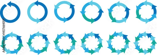 Fototapeta Pie chart circular diagrams with arrows. Colorful diagram collection with 2,3,4,5,6 sections or steps. Circle icons for infographic. Pie chart into an arrow ring chart.