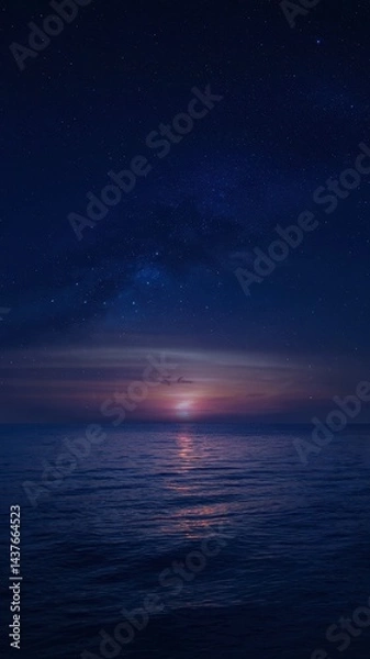 Fototapeta Deep blue ocean under vibrant twilight sky with mirrored starlight reflections
