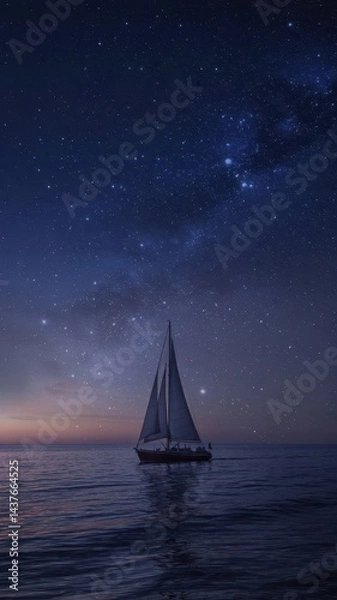 Fototapeta Silhouetted lone sailboat floating under starry Milky Way night sky