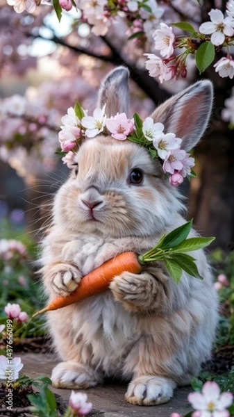 Fototapeta Fluffy rabbit with carrot and blossom crown sitting among pink cherry trees