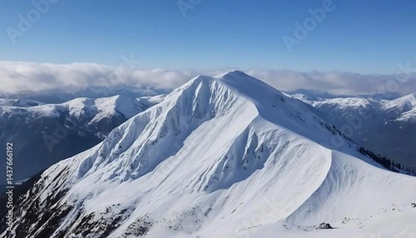 Fototapeta A snowy mountain peak under a clear blue sky with clouds in the distance on a sunny winter day