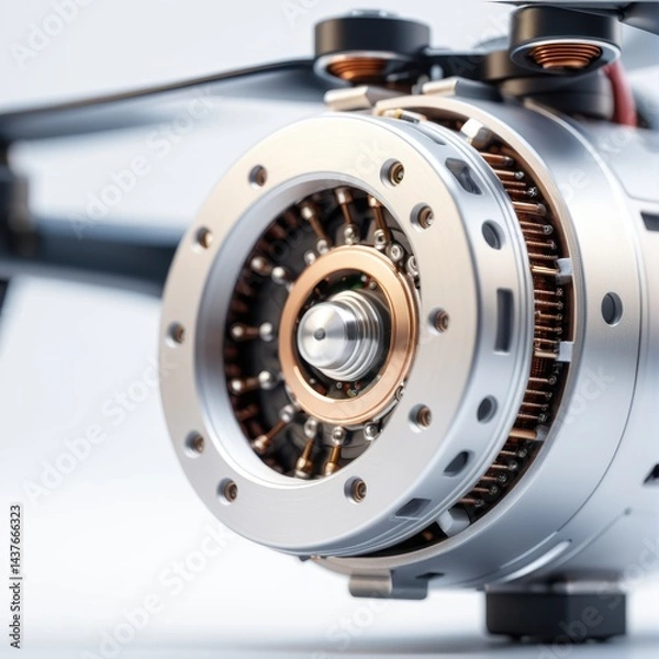 Fototapeta Brushless quadcopter motor, electric motor designed for next-generation drones. Brushless motor for FPV drone, crosssectional blueprint, motor armature details visible for engineering insight.