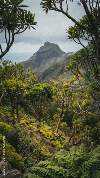 Fototapeta Rugged volcanic mountain landscape with mossy slopes and two hikers in view