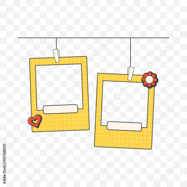 Fototapeta Retro cute yellow polaroid photo frames background. Doodle frame polaroid border element vector illustration