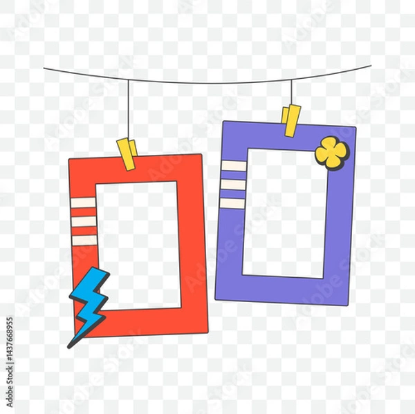 Fototapeta Retro cute groovy polaroid photo frames background. Doodle frame polaroid border element vector illustration