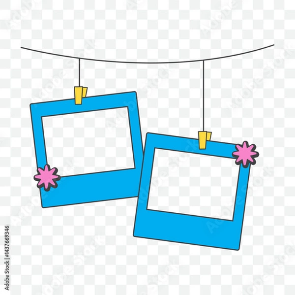 Fototapeta Retro cute blue polaroid photo frames background. Doodle frame polaroid border element vector illustration