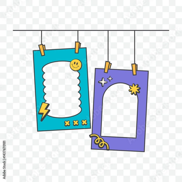 Fototapeta Pop retro cute groovy polaroid photo frames background. Doodle frame polaroid border element vector illustration