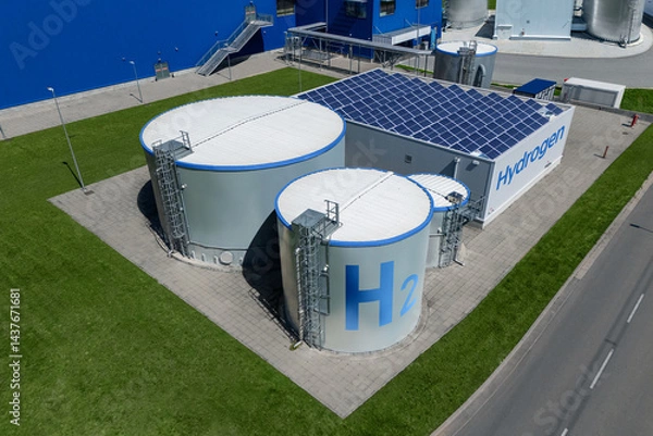 Fototapeta Aerial view of green hydrogen factory with storages. Hydrogen production from renewable energy sources