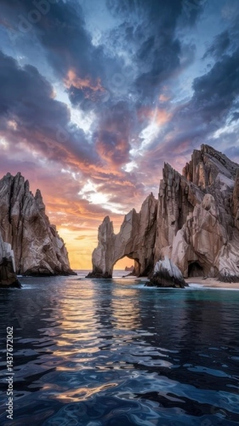 Fototapeta Vibrant sunset over famous coastal rock formations at Cabo San Lucas oceanfront