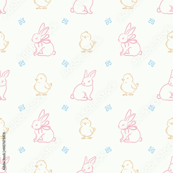 Fototapeta Seamless pattern with hand-drawn outline drawings of rabbits, chicks, and butterflies on a light background. Easter celebration and spring holidays. Design for textile, wallpaper, wrapping paper