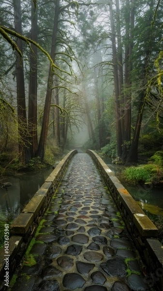 Fototapeta Misty forest stone bridge over calm stream surrounded by towering redwood trees
