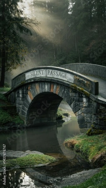 Fototapeta Mossy silent stone bridge over misty forest stream with soft diffused lighting