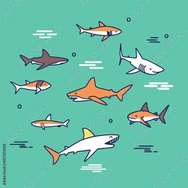 Obraz "Dynamic Shark Silhouette Collection Featuring Great White, Hammerhead, and Ocean Wildlife Scenes Vector Illustration"