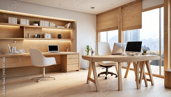 Fototapeta Stylish Light Wood Office with Simple Design Elements for a Modern Workspace