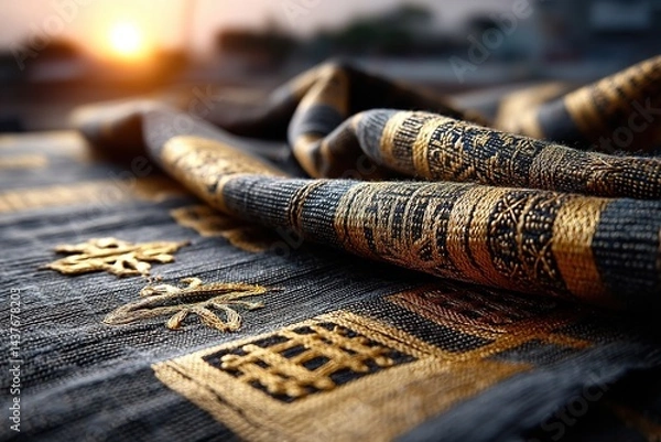 Fototapeta Intricate Kente textile featuring traditional Adinkra motifs in gold, captured in dramatic close-up against dreamy sunset backdrop, embodying the spirit of Pan-African heritage and freedom.