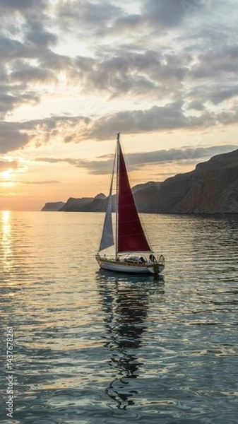 Fototapeta Elegant yacht under colorful sunset with rugged cliffs and calm waters