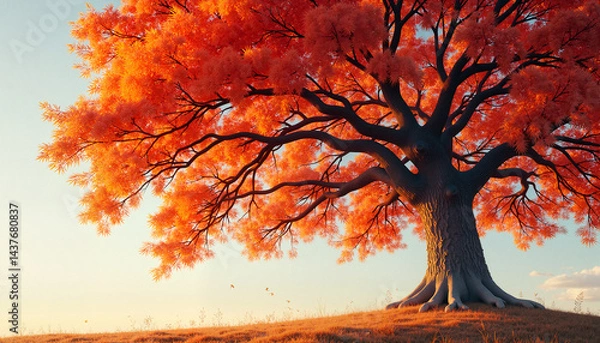 Fototapeta Autumn tree with orange foliage against a clear sky, serene nature scene with copy space