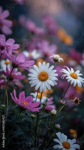 Fototapeta Dreamy close-up of white cosmos flowers blooming with dark soft background and bokeh